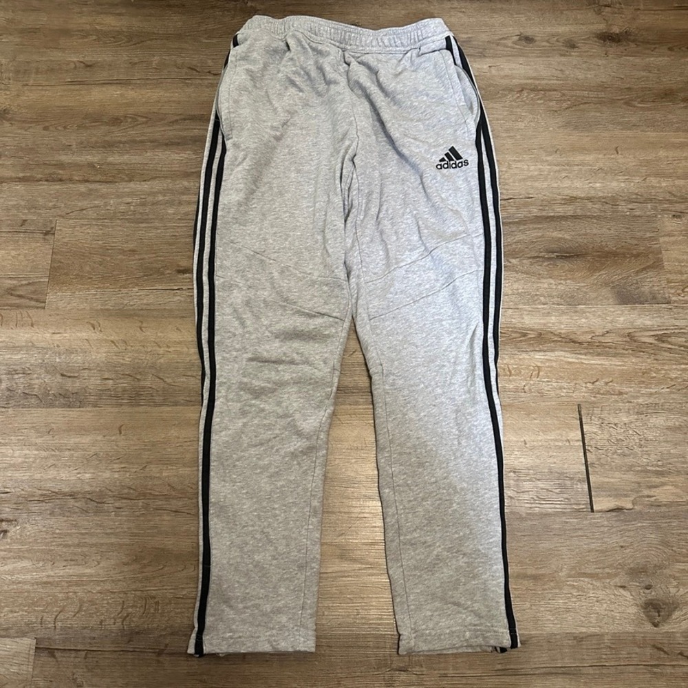 Adidas Mens Heather Grey 3-Stripe Zipper Ankle Sweatpants Joggers Large